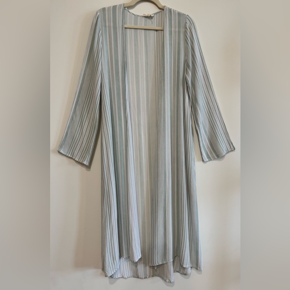 Entro Lightweight Mint & White Striped Open Front Long Duster Cardigan Size S